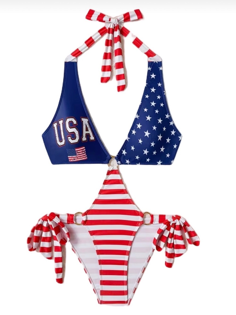 American Flag Print Halter Side Tie Monokini